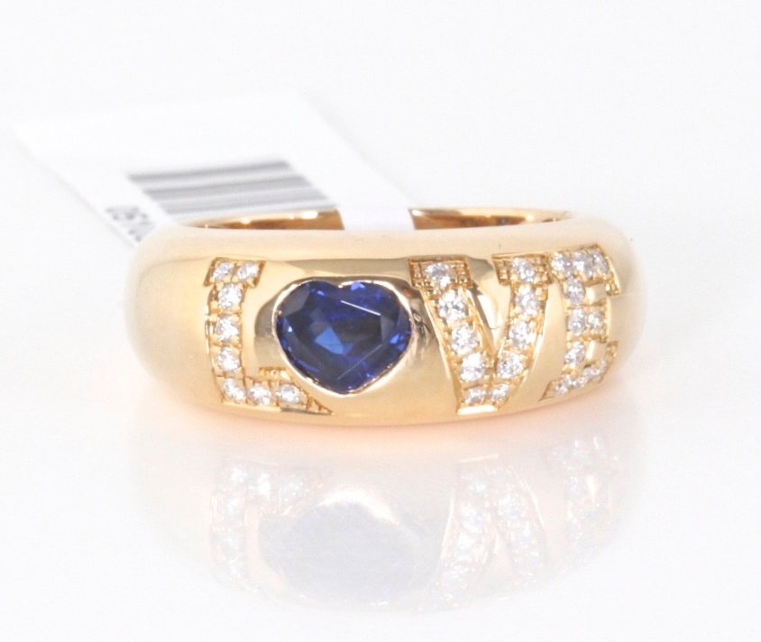 Chopard Happy Love 18K Gold 0.75ct Sapphire Heart 28 Diamond Ring Sz 54 w/Cert