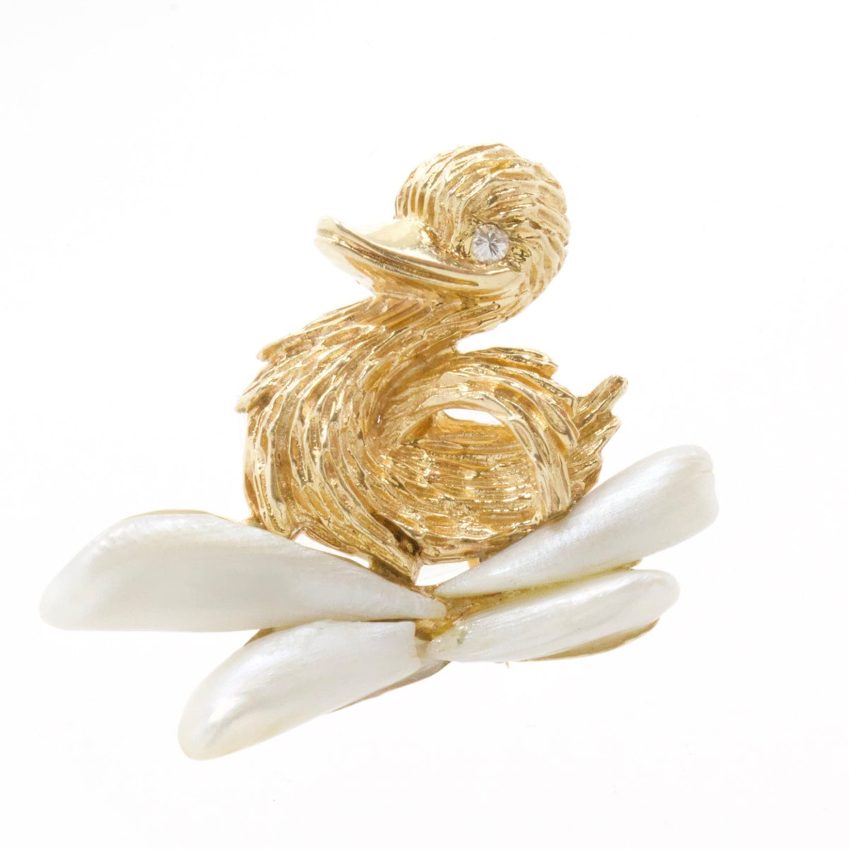 Vintage 14K Yellow Gold Duckling Brooch Pin Biwa Pearl and Diamond Eye, 1960's