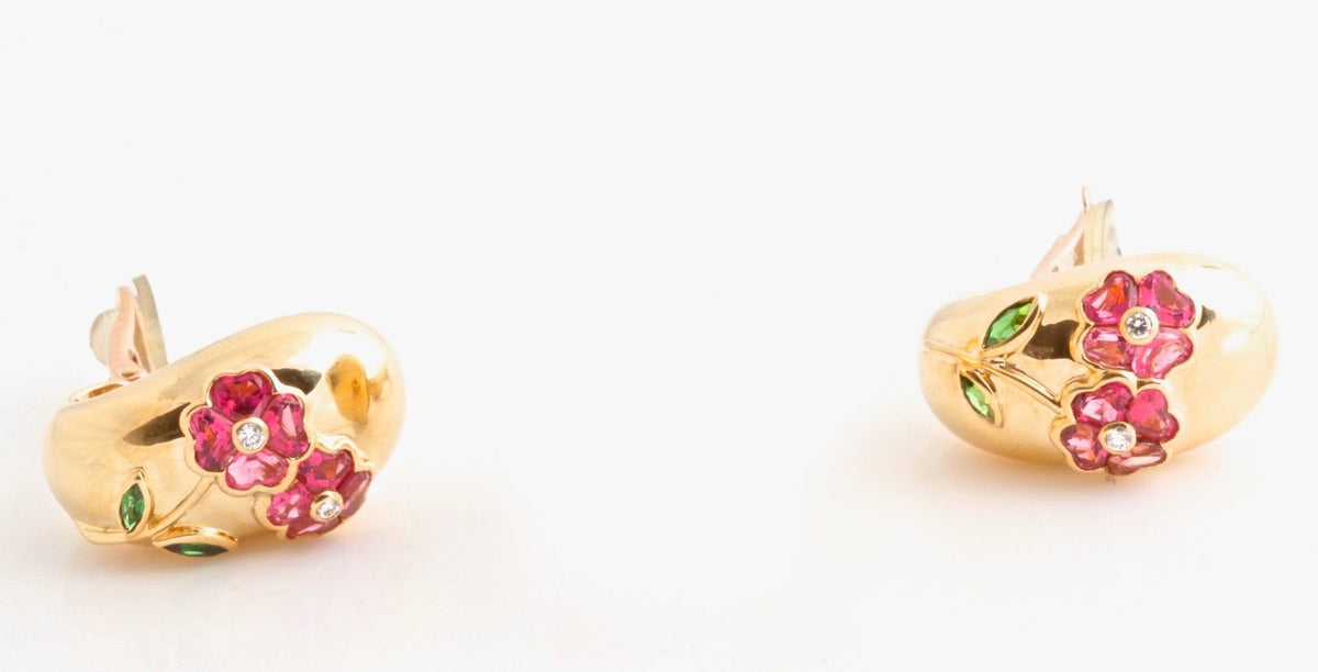 Van Cleef & Arpels 18K Yellow Gold Diamond Sapphire Tourmaline Flower Earrings