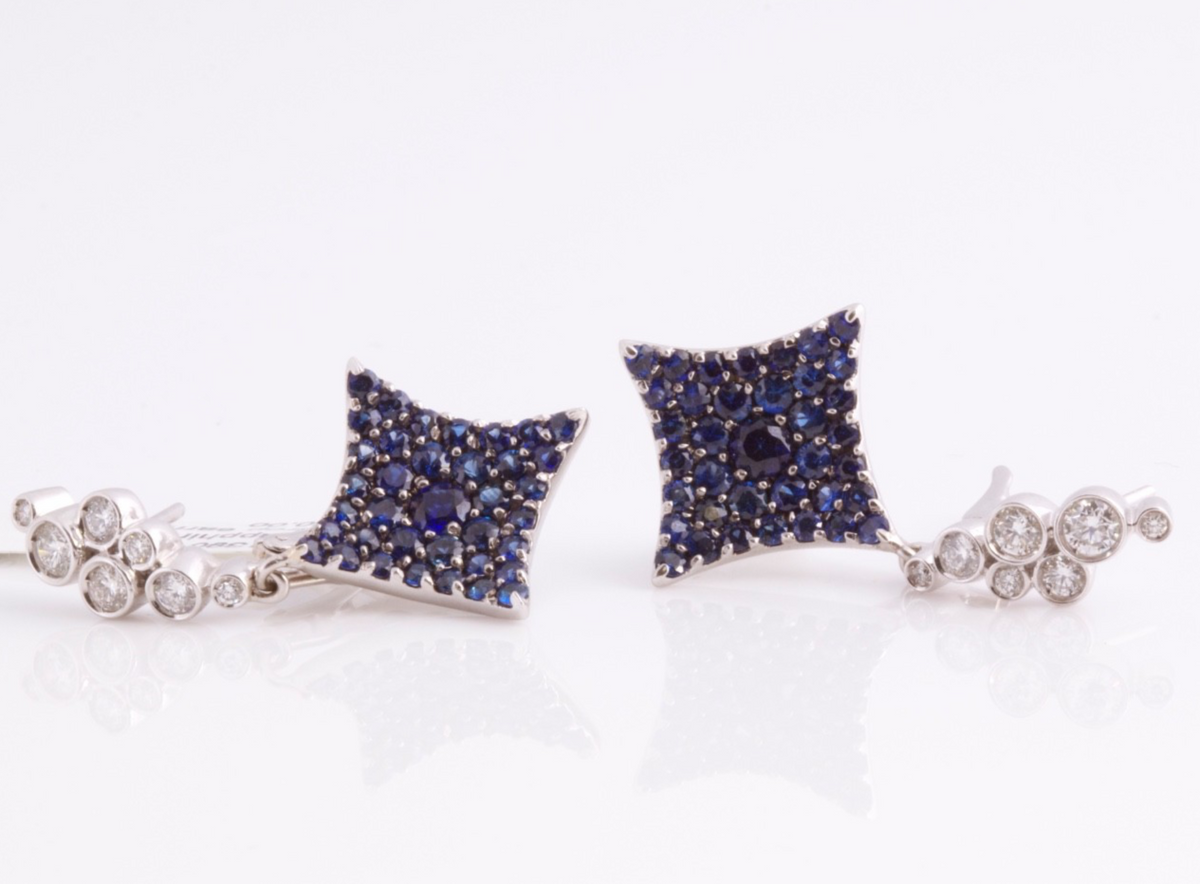 18K White Gold Blue Sapphire Diamond Convertible Star Drop Earrings 2-Way