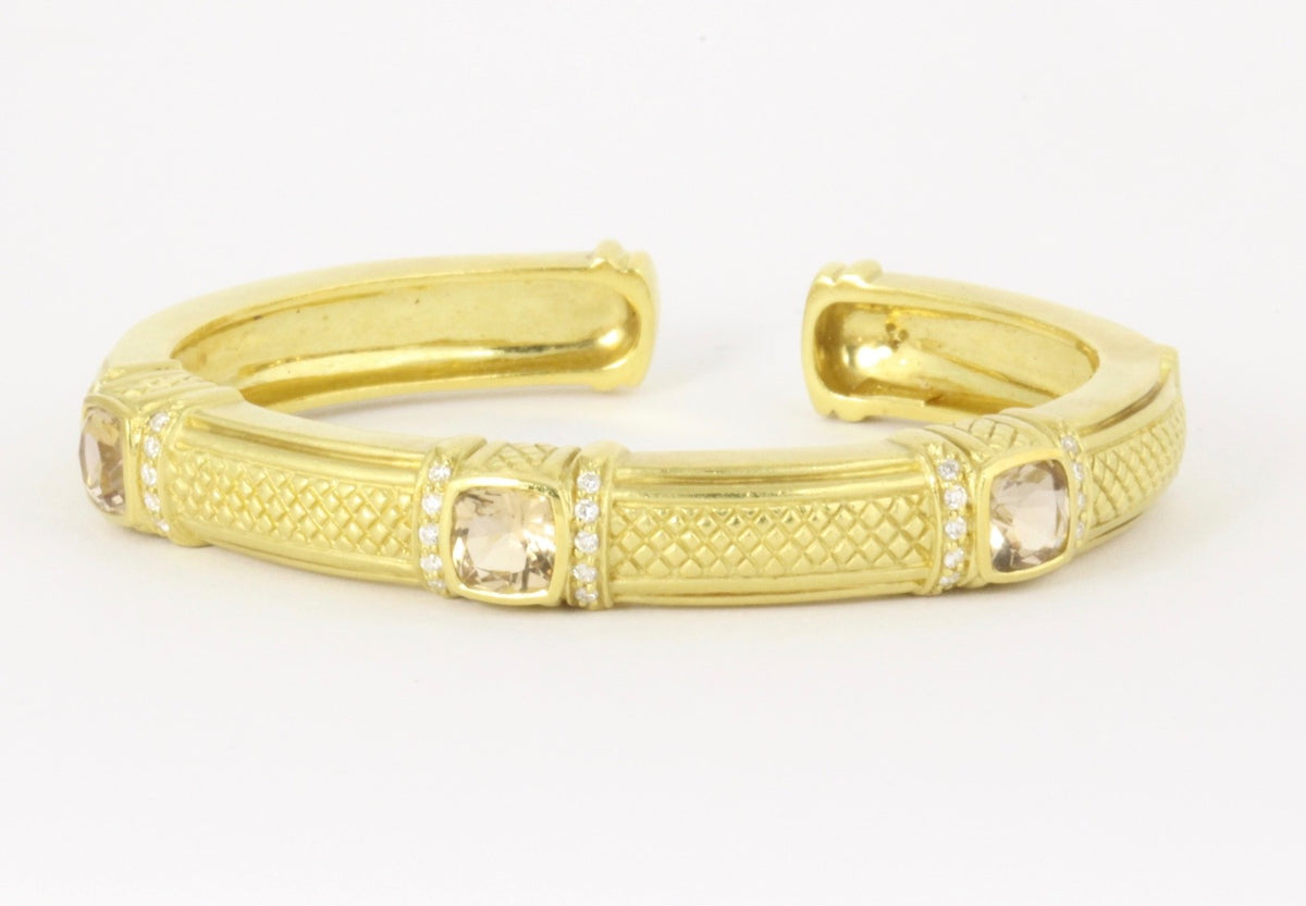 Judith Ripka 18K Yellow Gold Brown Quartz Diamond Cuff Bracelet 50g 6.25"