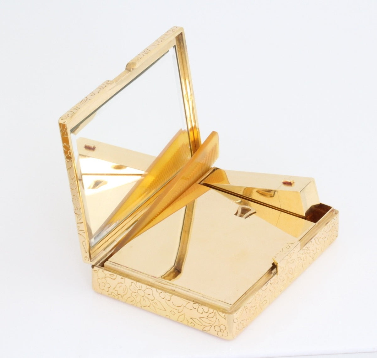 Vintage 18K Solid Gold Diamond Floral Vanity Compact Lipstick Comb French 1950s