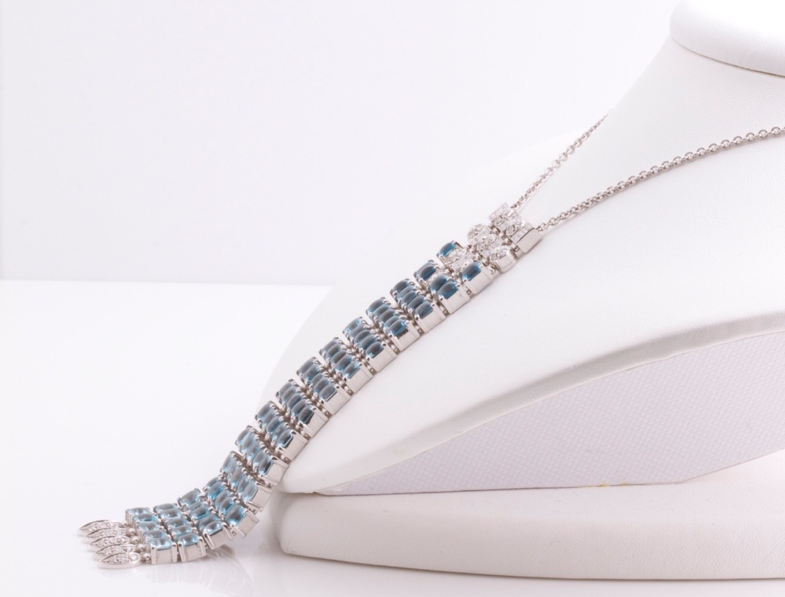 Bvlgari Bulgari Lucea 18K Gold Blue Topaz Diamond Waterfall Pendant Necklace