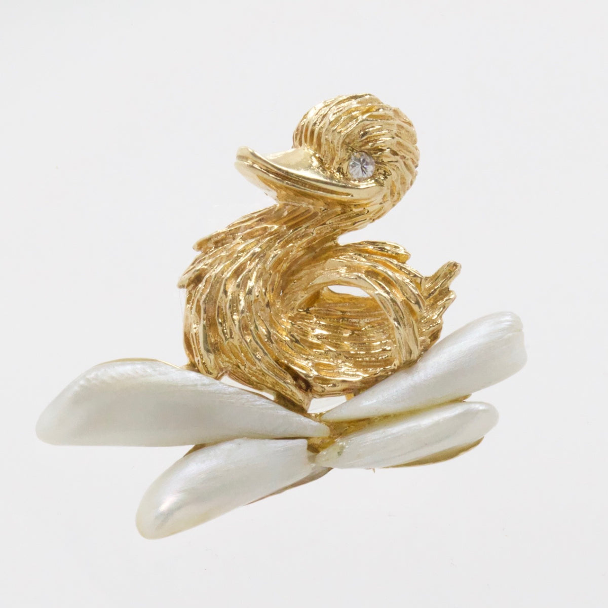 Vintage 14K Yellow Gold Duckling Brooch Pin Biwa Pearl and Diamond Eye, 1960's