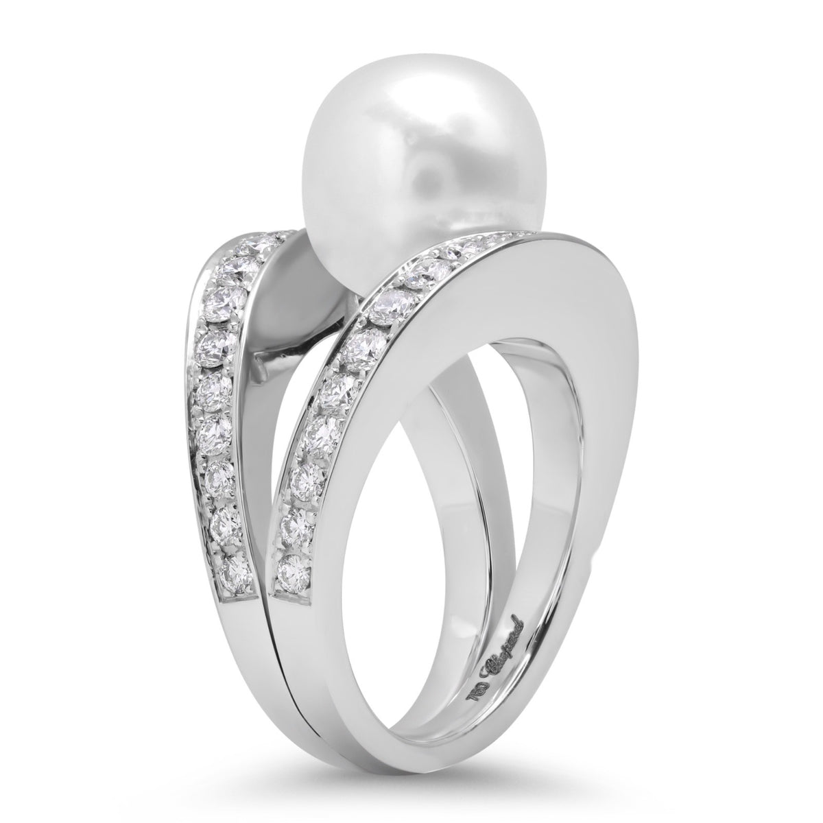 Chopard 18K White Gold Diamond & Pearl Ring 1.11ct Diamonds Size 6.75 w/ Cert