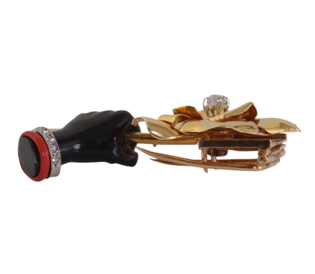 Signed Cartier 18K Gold Diamond Onyx Hand Holding Rose Brooch Art Deco Retro Fre