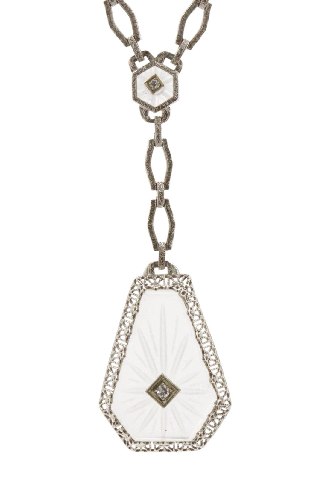 Vintage 14K Gold Platinum Rock Crystal Diamond Y-Drop Necklace
