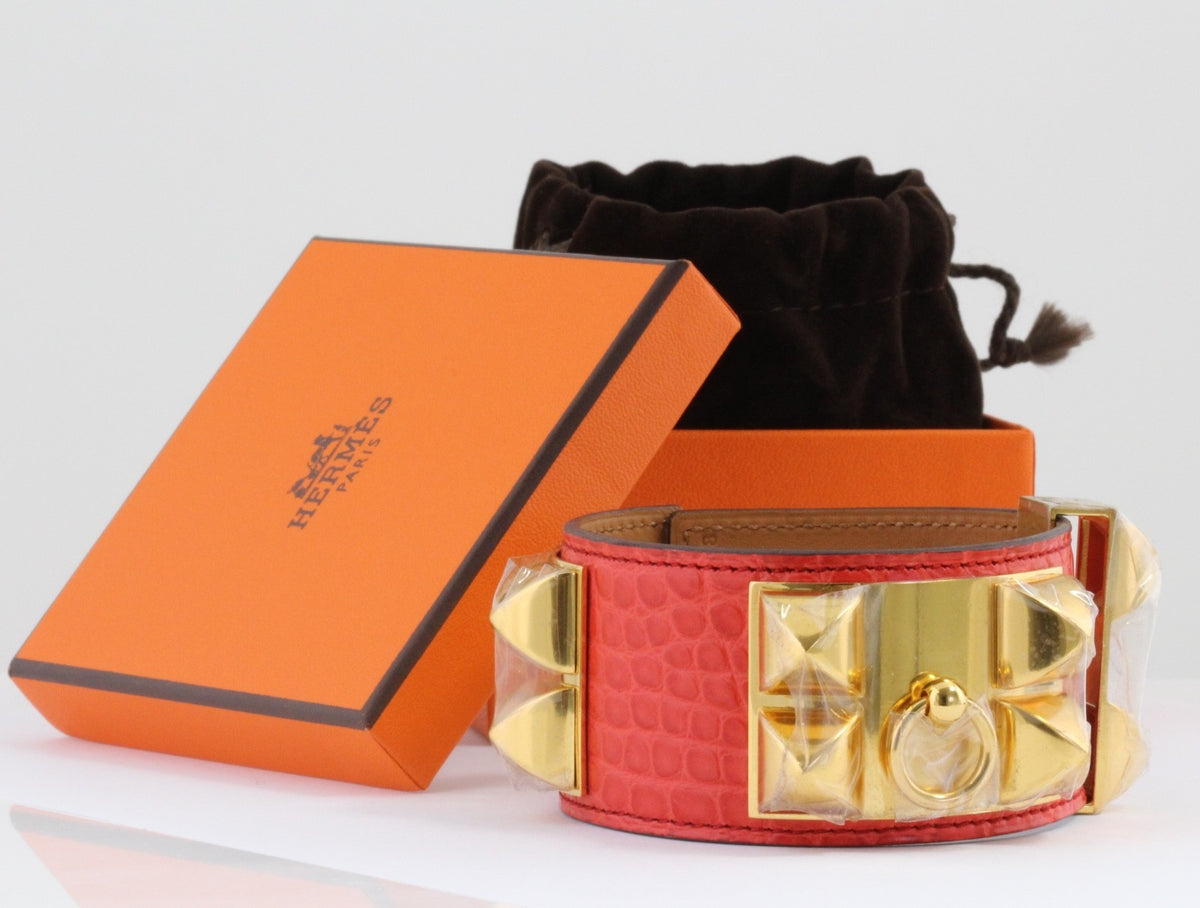 Hermès CDC Collier de Chien Geranium Matte Alligator Gold HW Size S 2010 Box