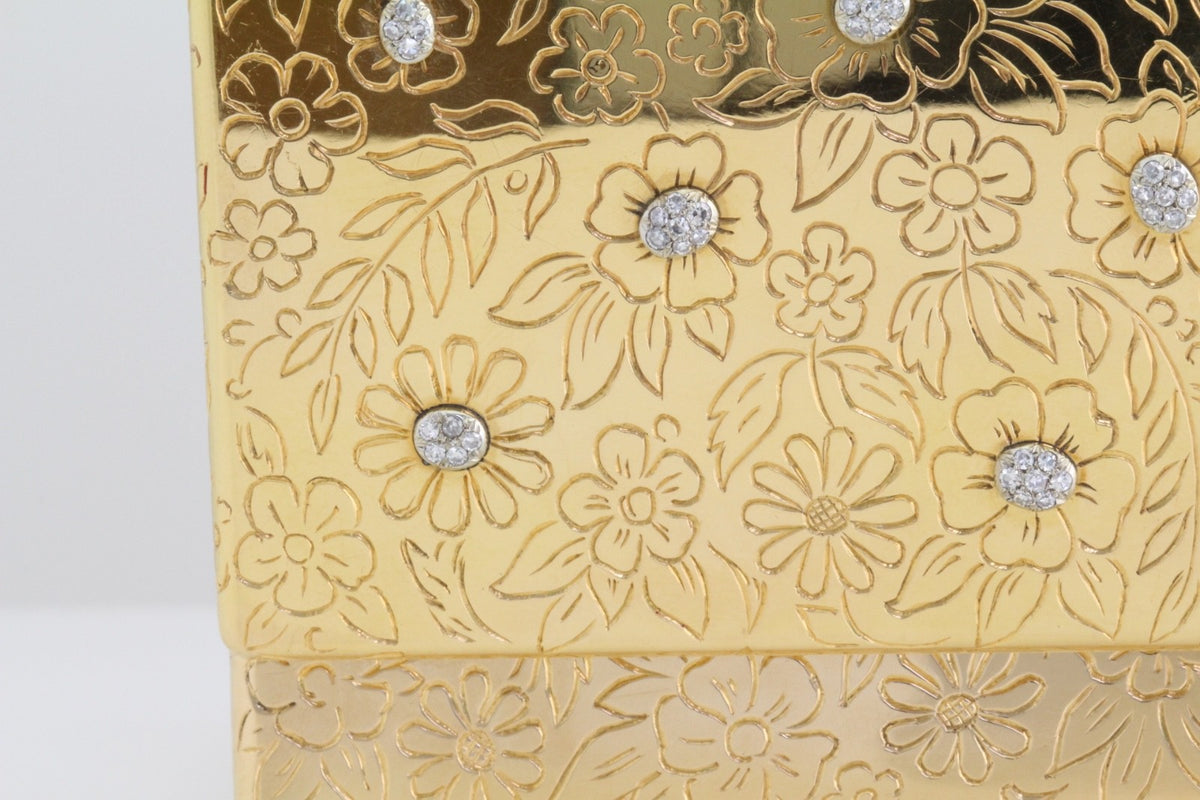 Vintage 18K Solid Gold Diamond Floral Vanity Compact Lipstick Comb French 1950s