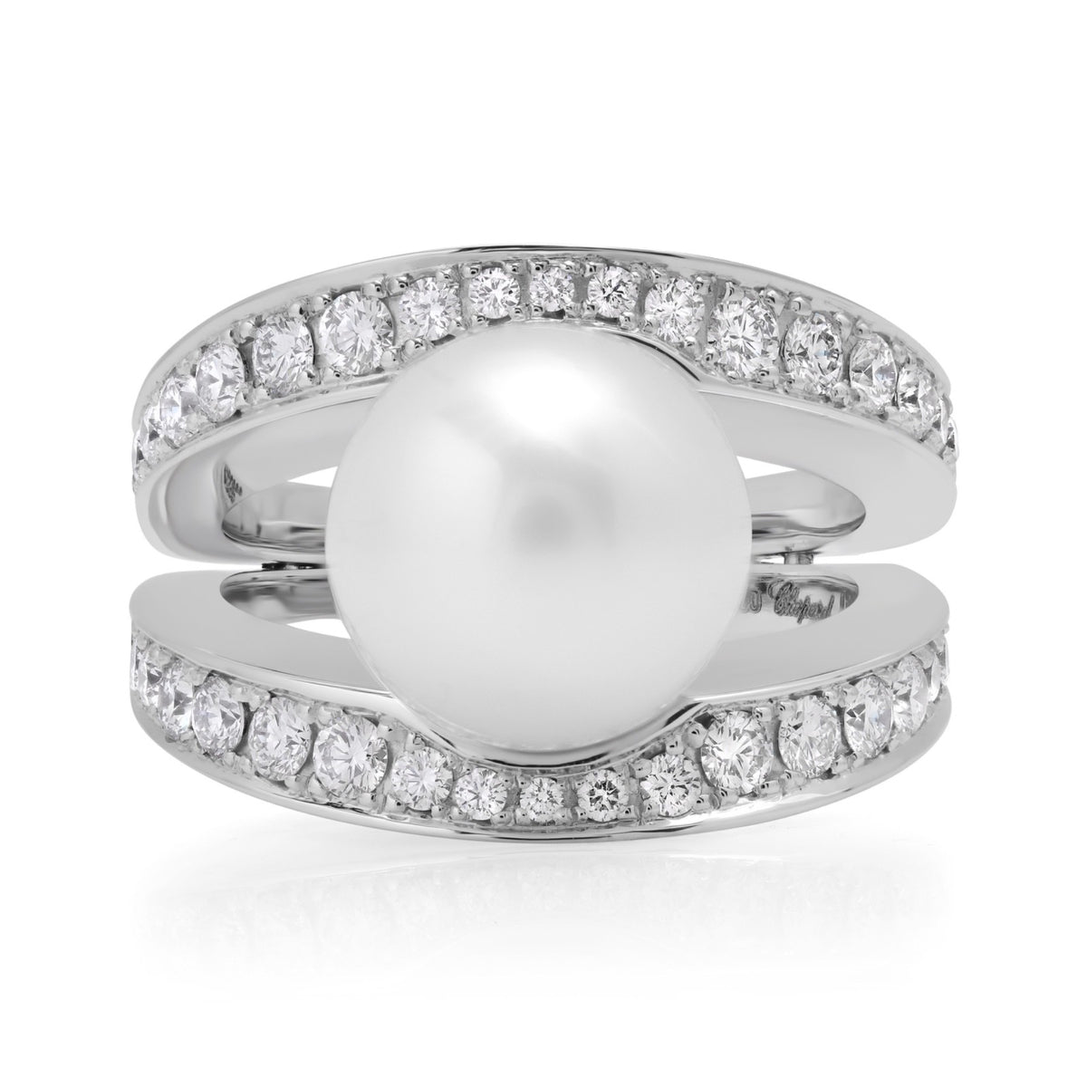 Chopard 18K White Gold Diamond & Pearl Ring 1.11ct Diamonds Size 6.75 w/ Cert