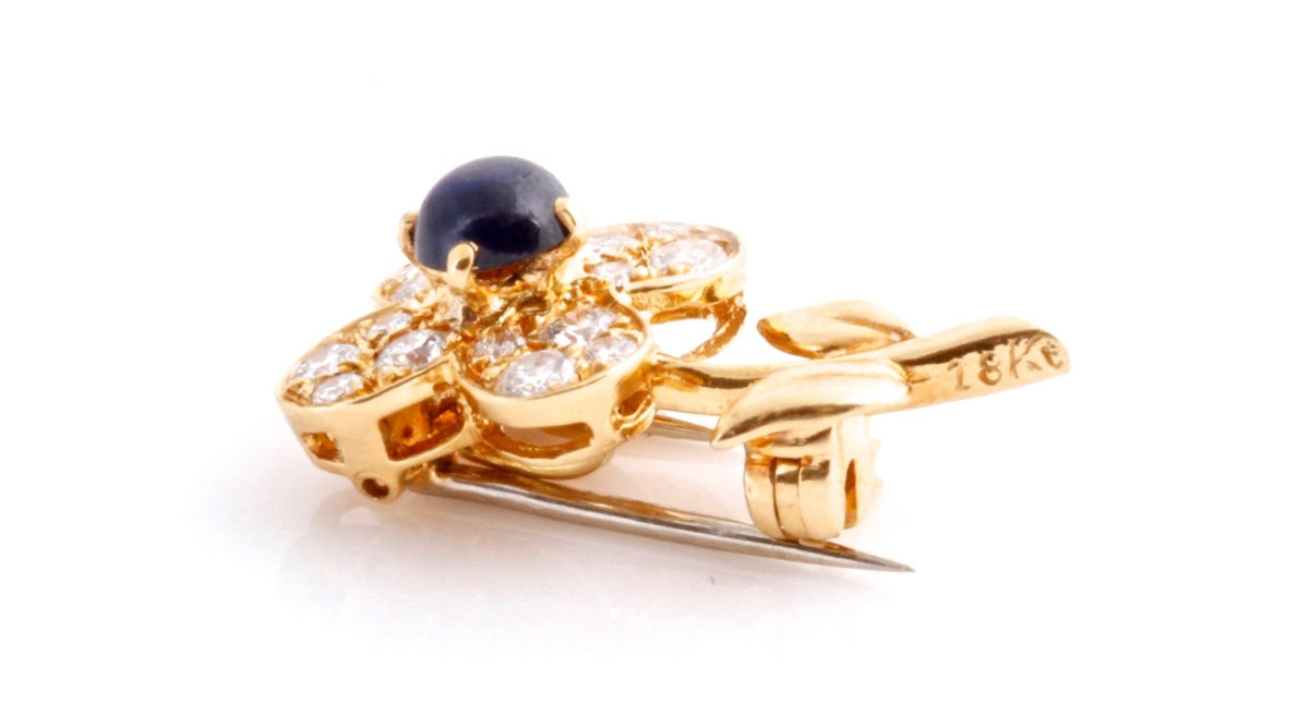 Vintage Van Cleef & Arpels 18K Gold Diamond Sapphire Flower Brooch Pin 1960s VCA