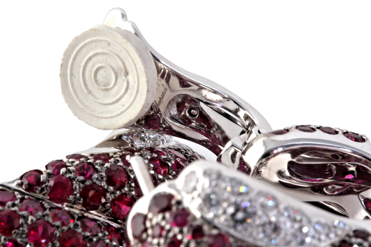 Chopard 18K White Gold Ruby & Diamond Hoop Earrings – 11.15 CT Rubies – Cert