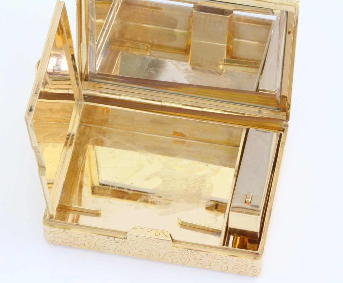 Vintage 18K Solid Gold Diamond Floral Vanity Compact Lipstick Comb French 1950s