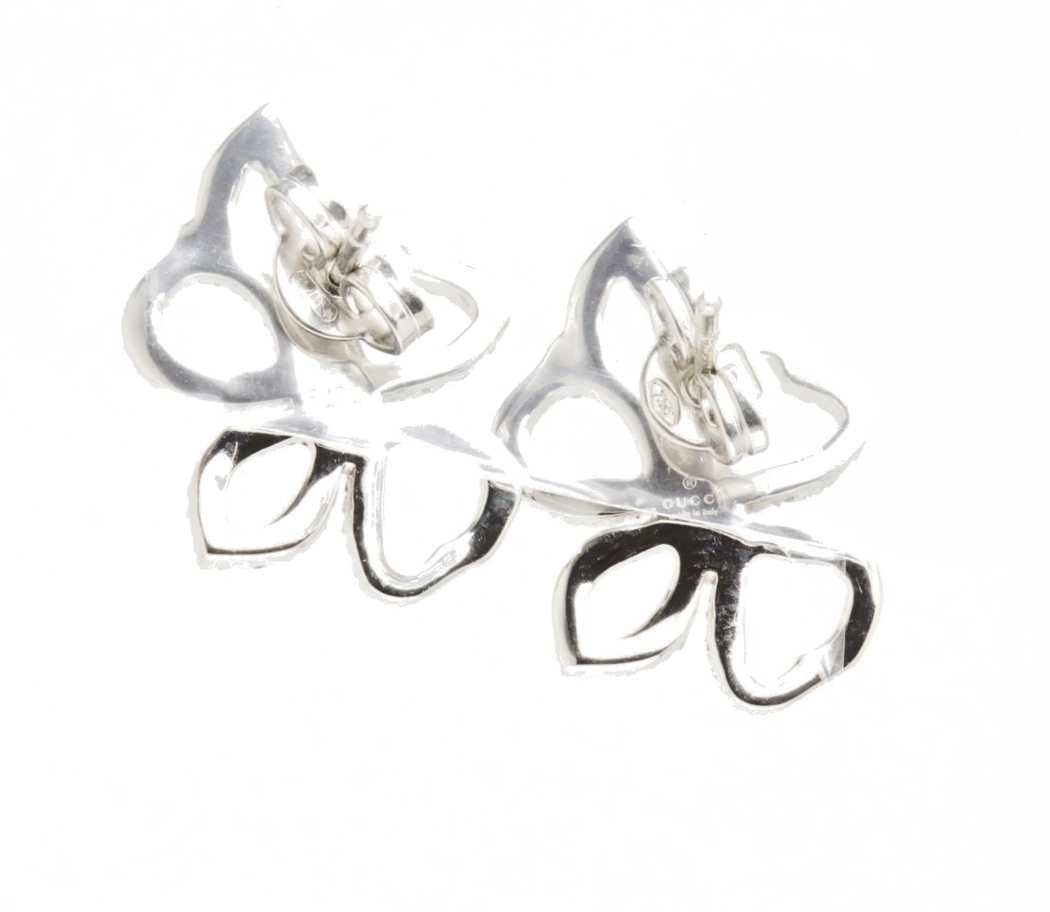 Gucci 18K White Gold Diamond Open Flower Clover Stud Earrings 0.30 CTW Italy