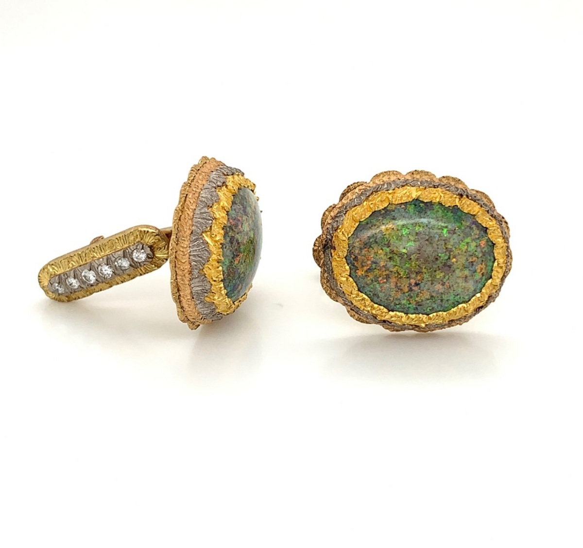 Antique 18K Three-Tone Gold Black Opal Diamond Cufflinks Rome Italy Rigato 18ROM