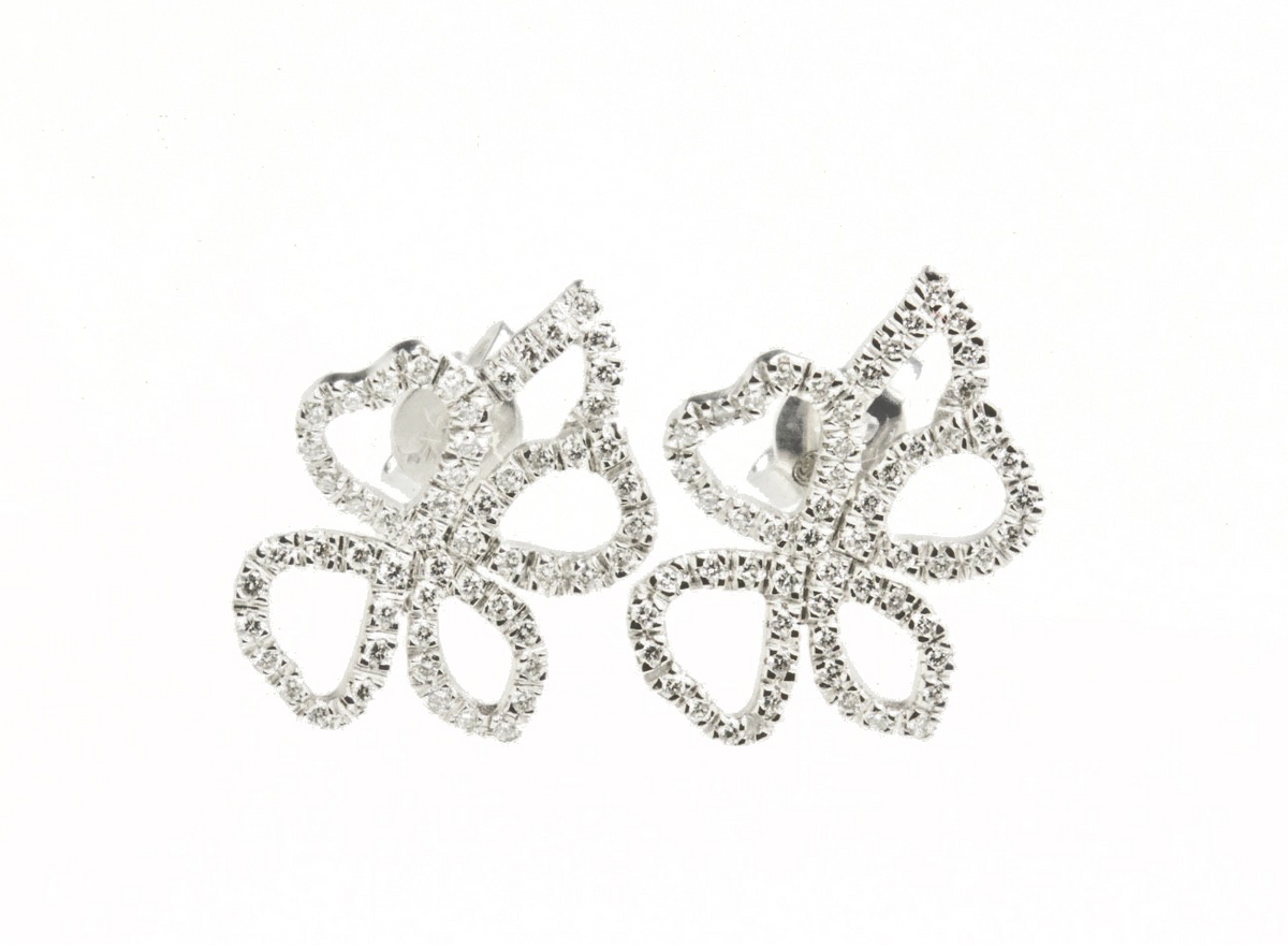 Gucci 18K White Gold Diamond Open Flower Clover Stud Earrings 0.30 CTW Italy