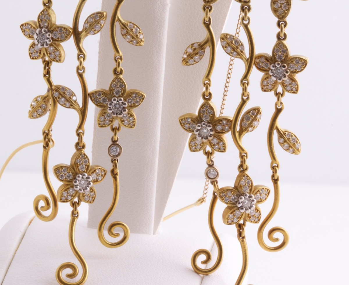 Kieselstein-Cord 18K Green Gold Diamond Floral Dangle Earrings 3CT 35.8g