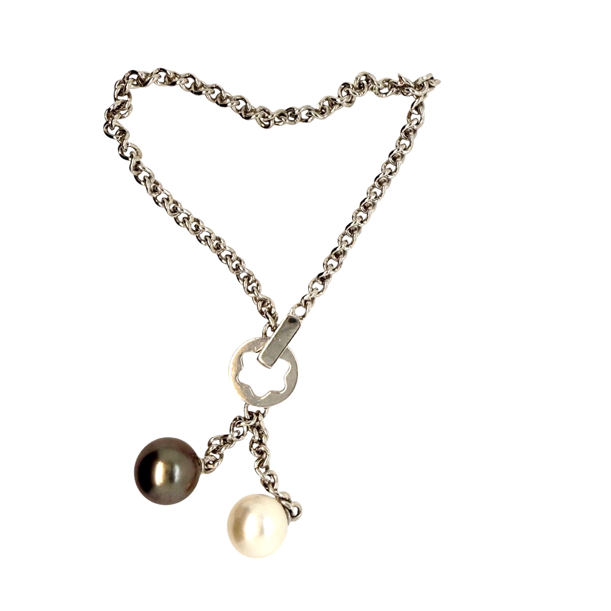 Montblanc 18K White Gold Chain Bracelet w/ 11 mm Black & 10 mm White Pearls, 7.