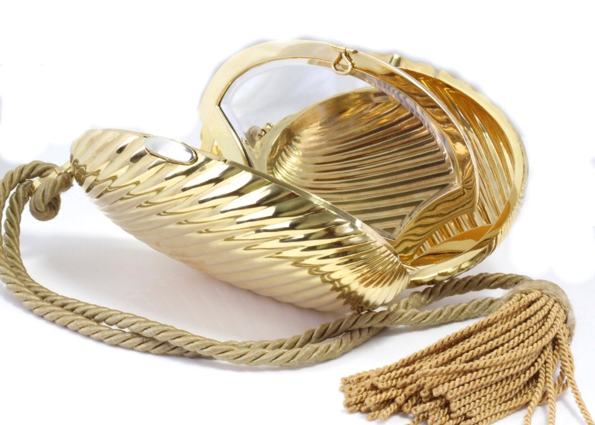 Large 18K Yellow Gold 448g Ribbed Shell Minaudiere Compact Wrist Bag Mirror