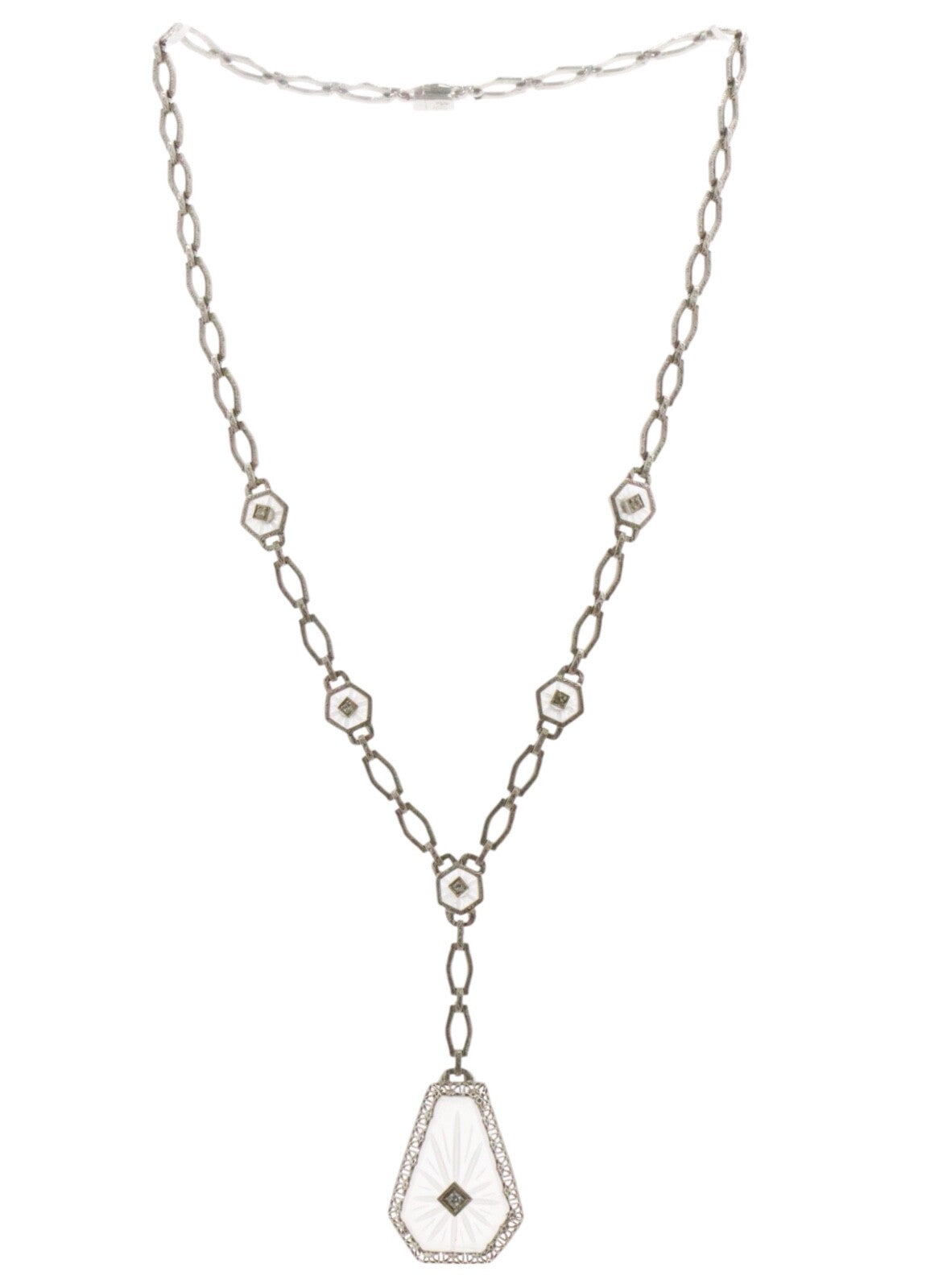 Vintage 14K Gold Platinum Rock Crystal Diamond Y-Drop Necklace