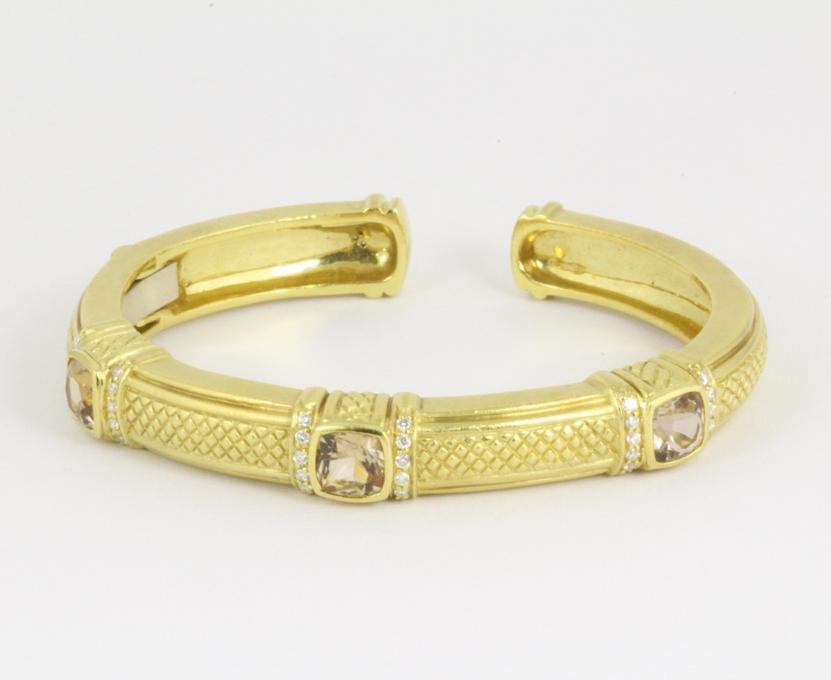 Judith Ripka 18K Yellow Gold Brown Quartz Diamond Cuff Bracelet 50g 6.25"