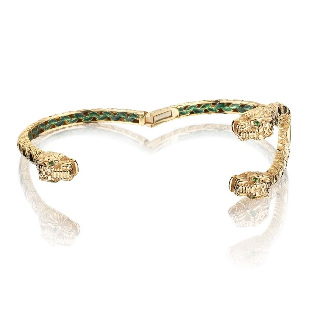 Gucci Dionysus Triple Tiger Head 18K Gold Bracelet Tsavorite Size 17 55.7g