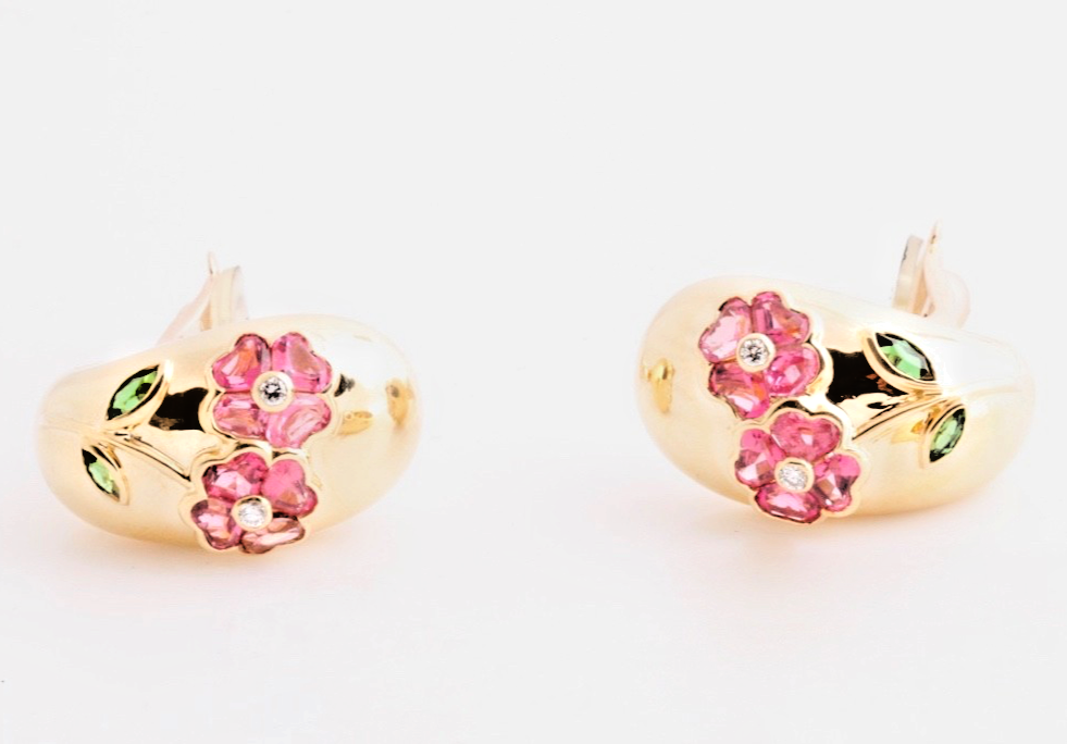 Van Cleef & Arpels 18K Yellow Gold Diamond Sapphire Tourmaline Flower Earrings