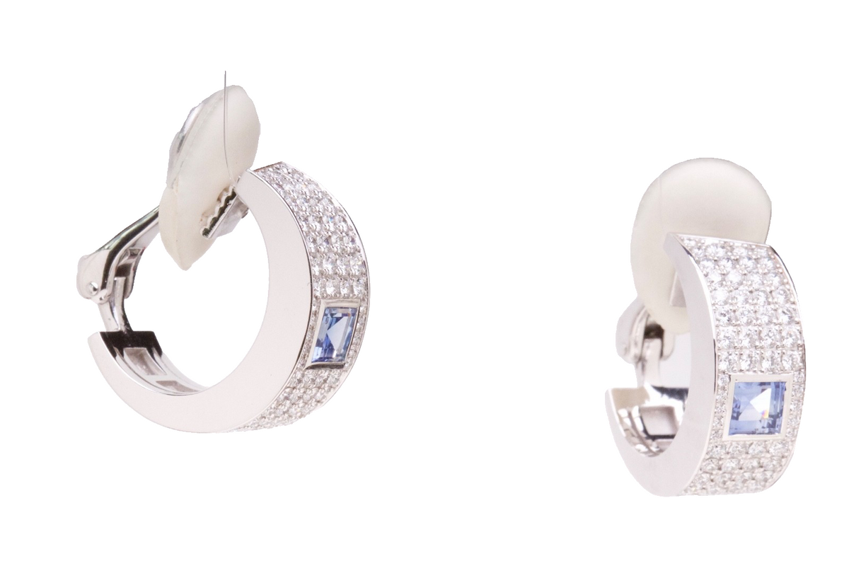 Chopard 18K WG 2.47ct Diamond 1.44ct Sapphire Pavé Hoop Earrings w/ Cert