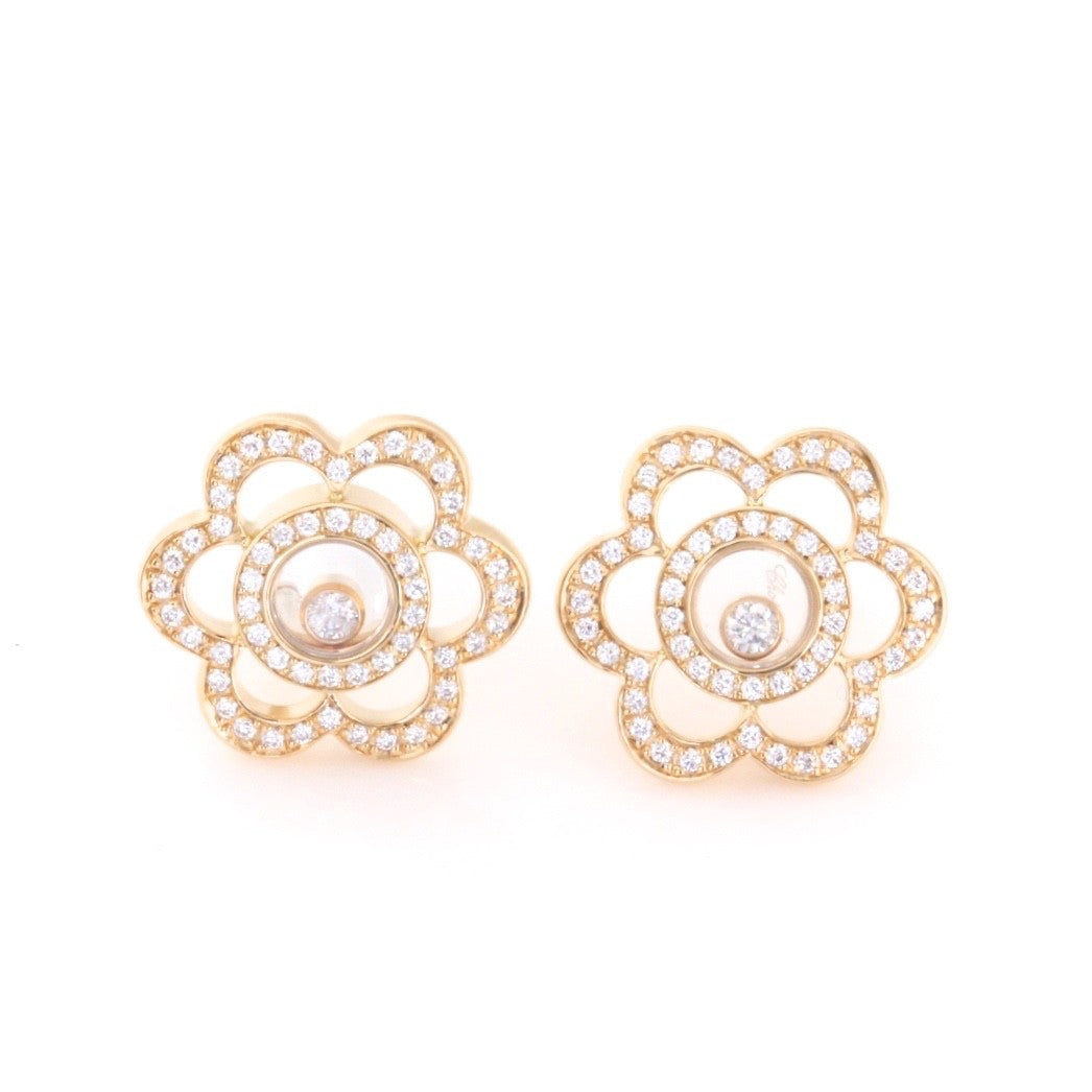 Chopard Happy Diamonds 18K Yellow Gold Flower Earrings Moving Diamonds w/ Cert