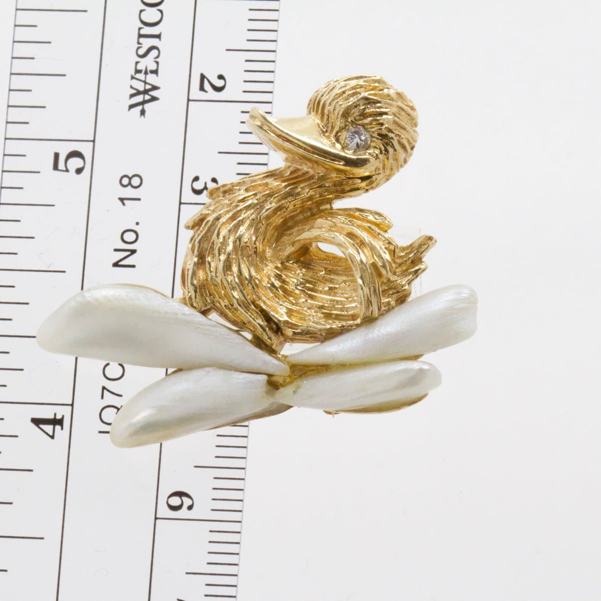 Vintage 14K Yellow Gold Duckling Brooch Pin Biwa Pearl and Diamond Eye, 1960's