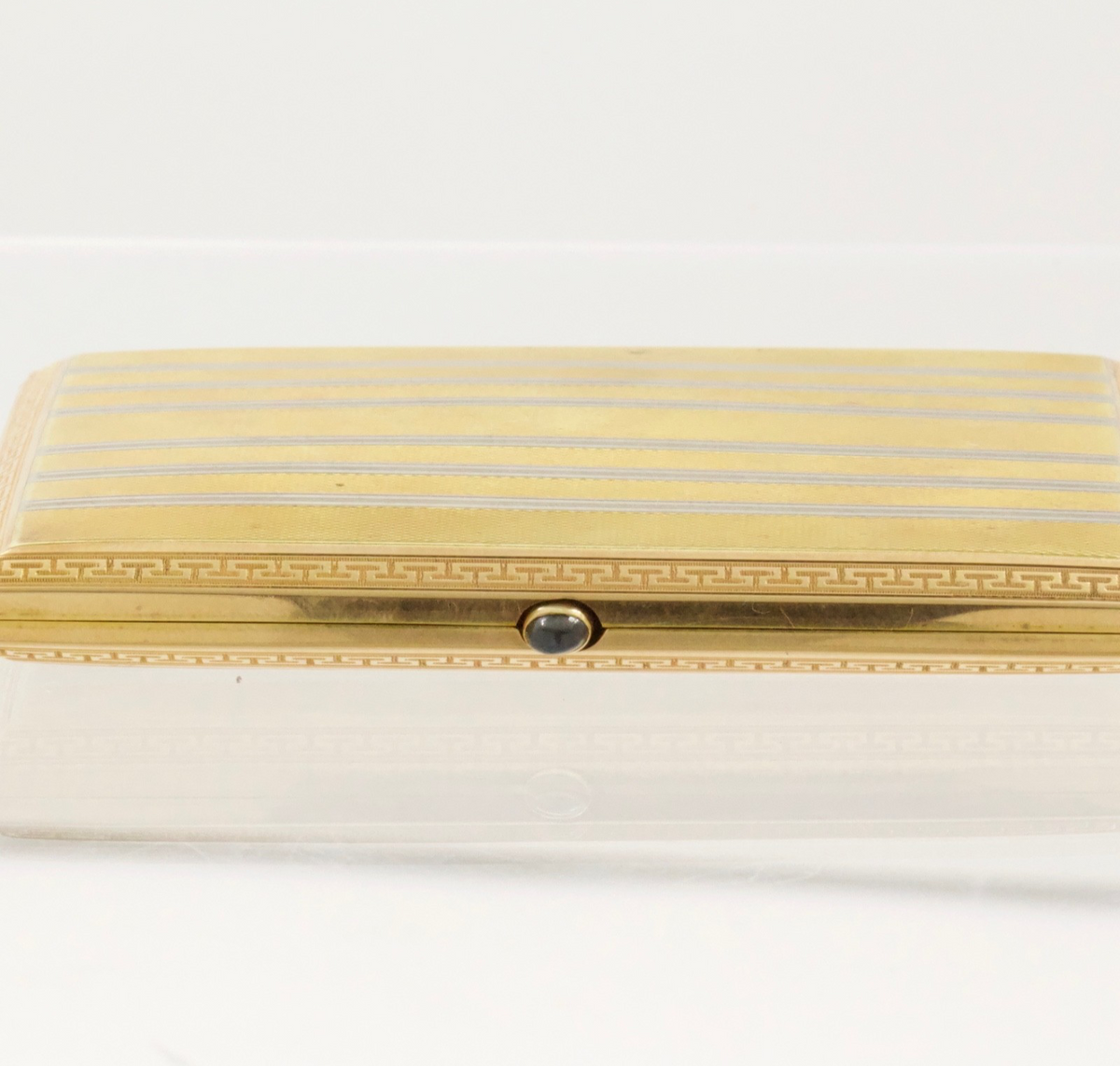 Antique 18K Yellow White Gold Cigarette Case Guilloché Sapphire Cabochon 106.5g