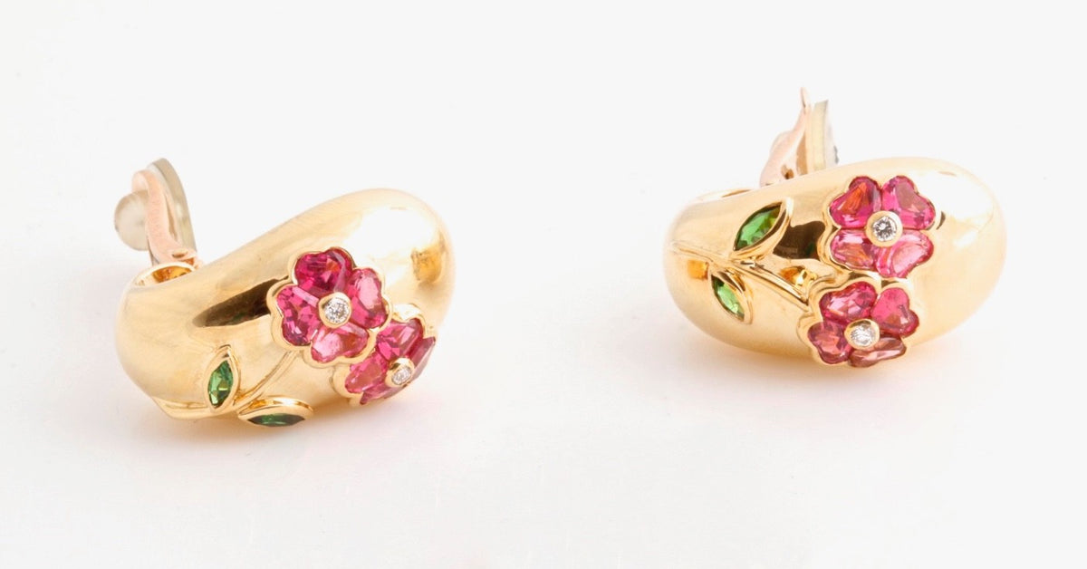 Van Cleef & Arpels 18K Yellow Gold Diamond Sapphire Tourmaline Flower Earrings