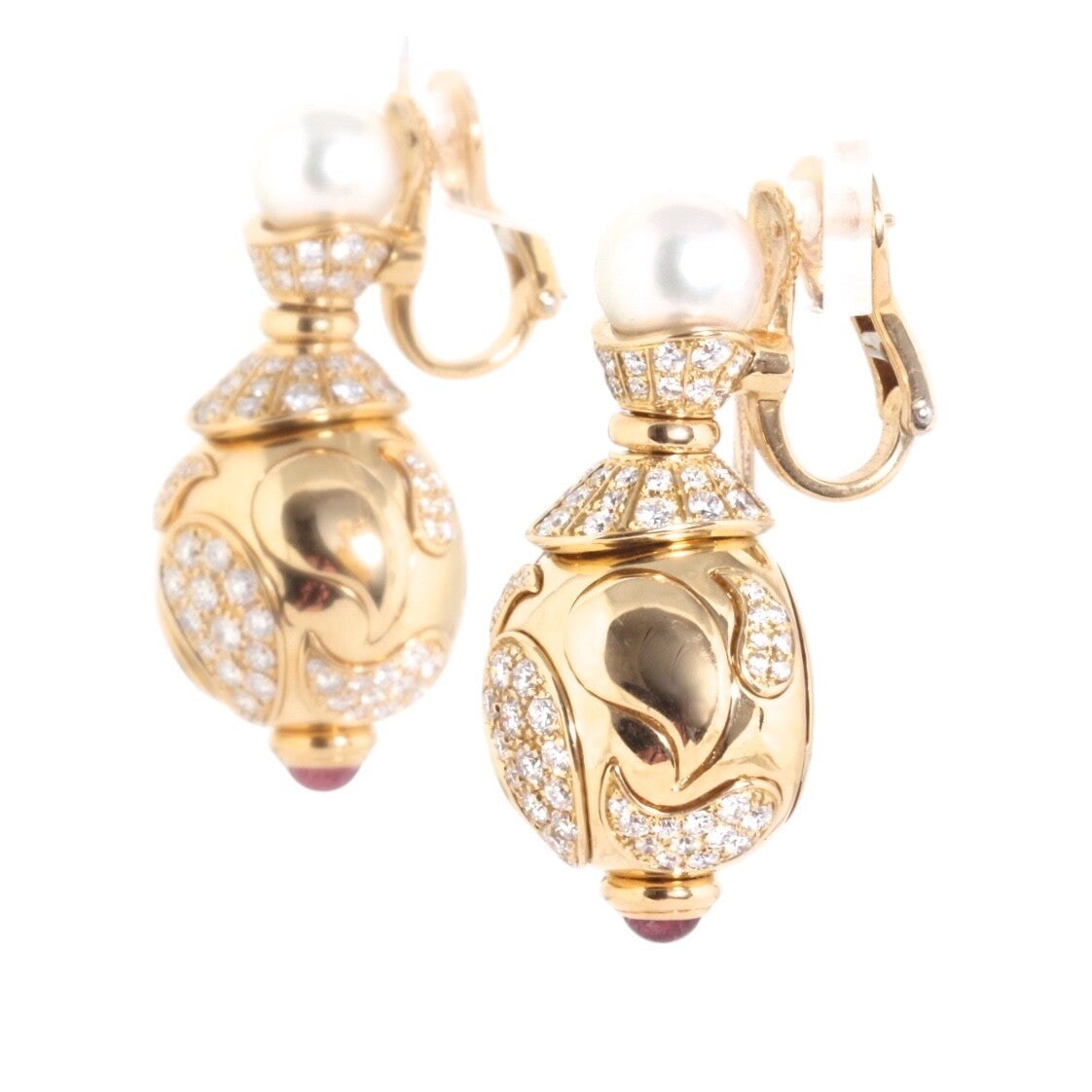 Chopard 18k Yellow Gold “Casmir” Diamond, Pink Tourmaline & Pearl Drop Clip Earr