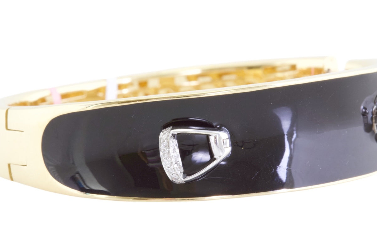 Roberto Coin Cheval 18K Gold Black Enamel Stirrup Diamond Bangle Bracelet 6.25"