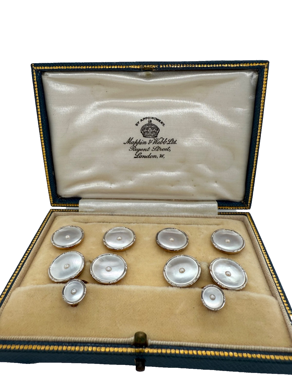 Antique Mappin Webb Royal Warrant MOP Pearl Dress Set Cufflinks Studs Plat Gold