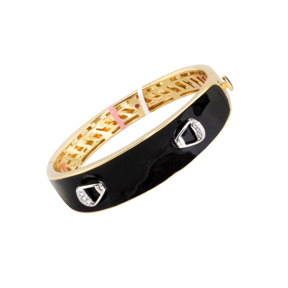 Roberto Coin Cheval 18K Gold Black Enamel Stirrup Diamond Bangle Bracelet 6.25"