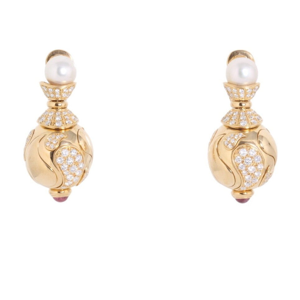 Chopard 18k Yellow Gold “Casmir” Diamond, Pink Tourmaline & Pearl Drop Clip Earr