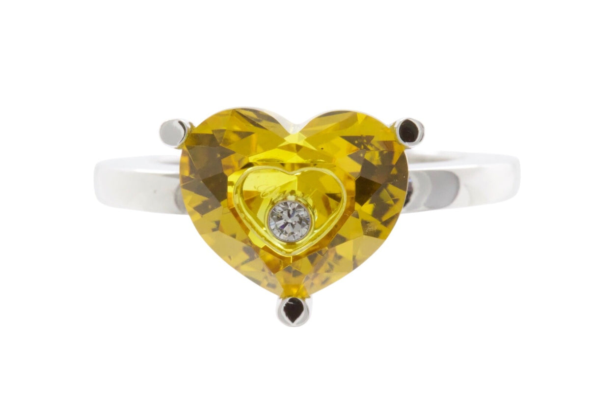 Chopard So Happy Yellow Heart 18K White Gold Floating Diamond Ring Sz 6.75