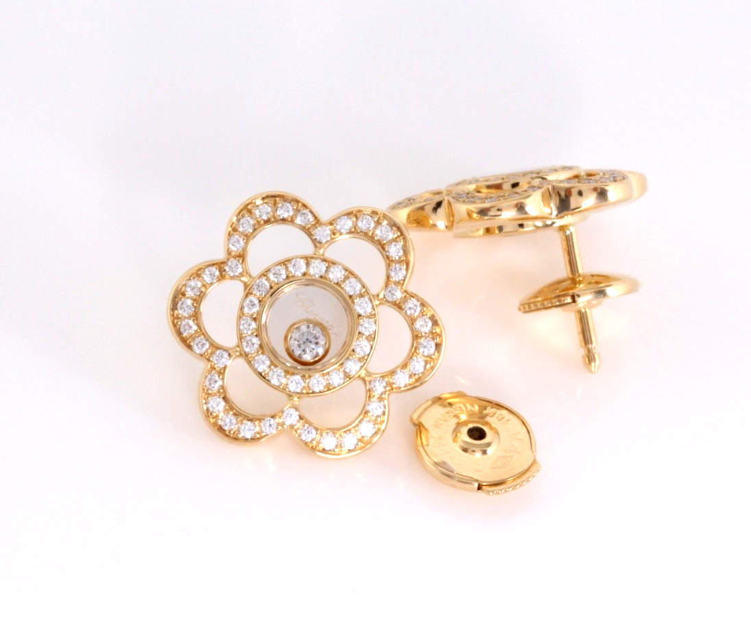 Chopard Happy Diamonds 18K Yellow Gold Flower Earrings Moving Diamonds w/ Cert