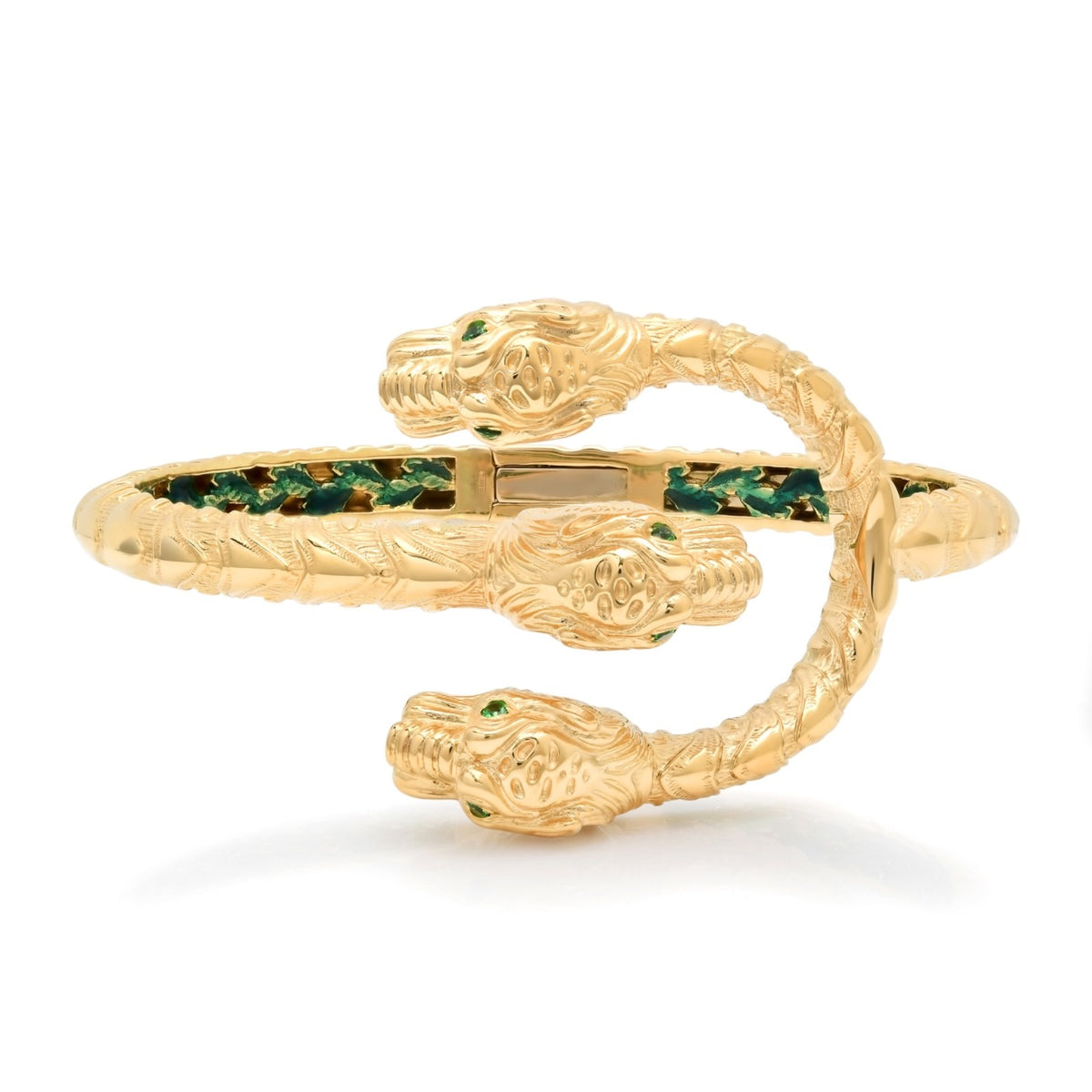 Gucci Dionysus Triple Tiger Head 18K Gold Bracelet Tsavorite Size 17 55.7g