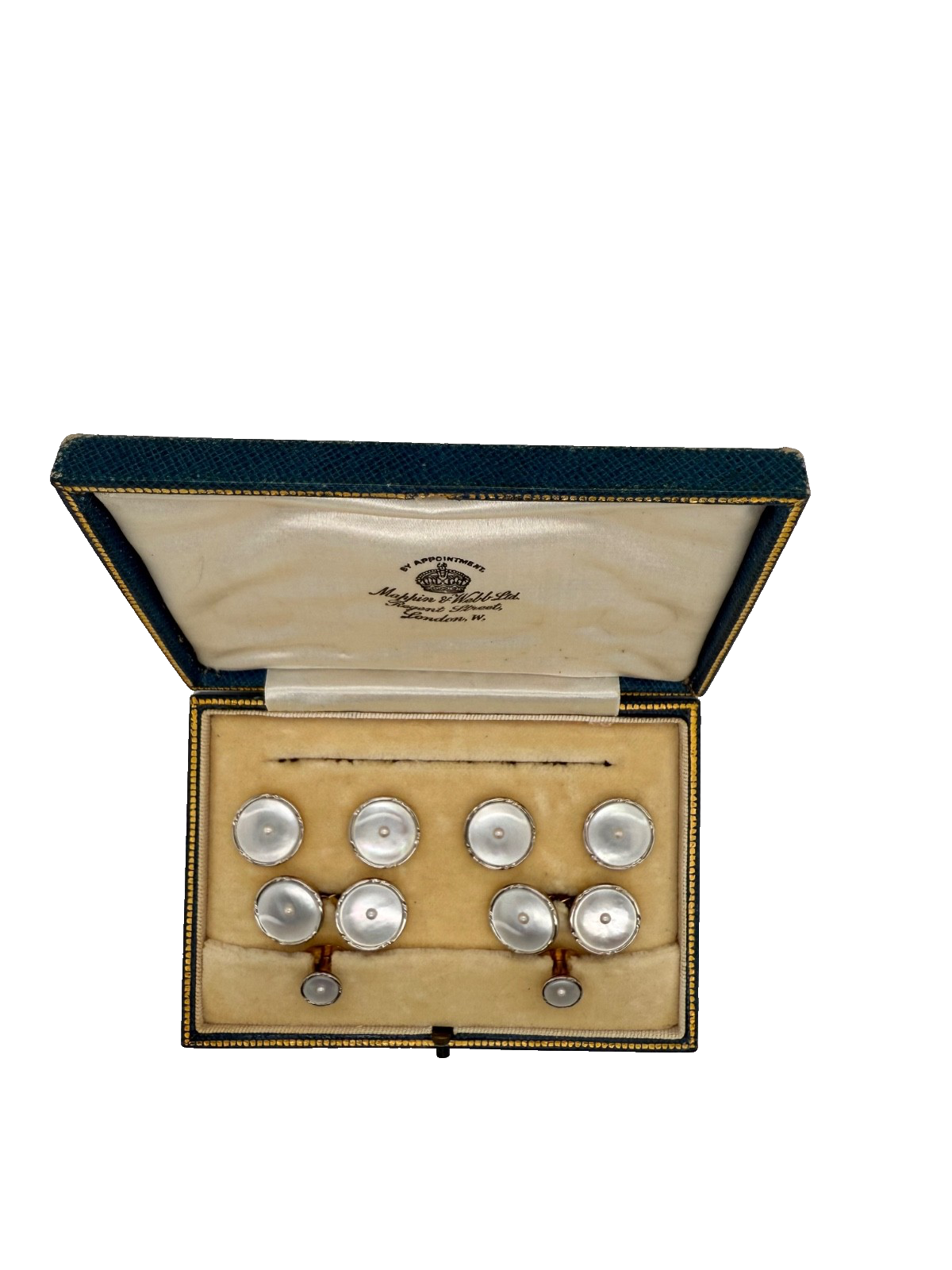 Antique Mappin Webb Royal Warrant MOP Pearl Dress Set Cufflinks Studs Plat Gold