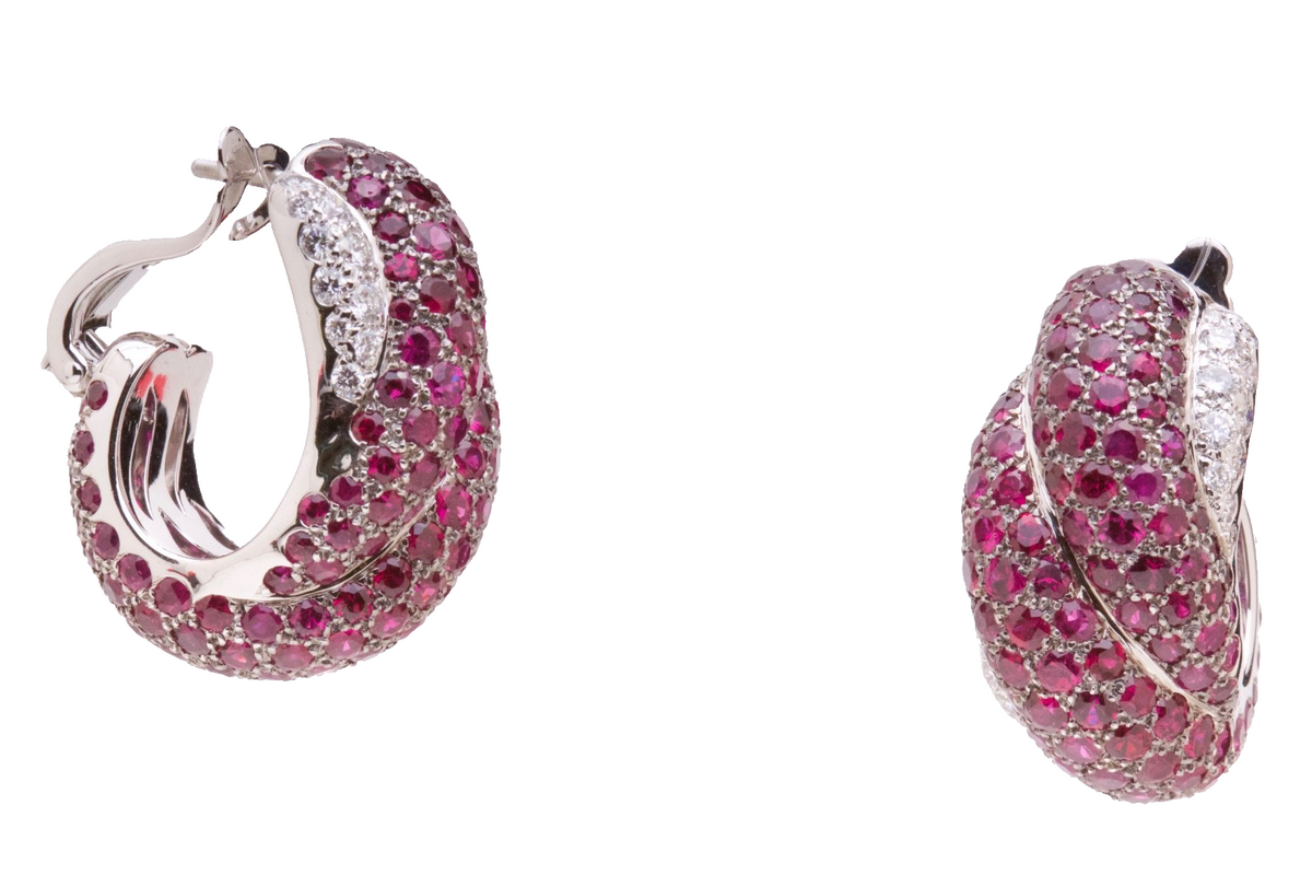 Chopard 18K White Gold Ruby & Diamond Hoop Earrings – 11.15 CT Rubies – Cert