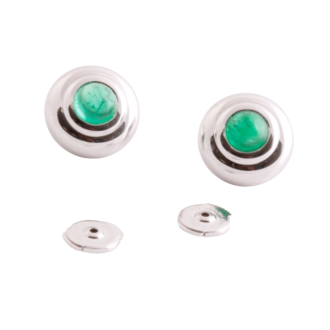 Chopard Happy Sport 18K White Gold 2.66ct Emerald Cabochon Studs Box Certificate