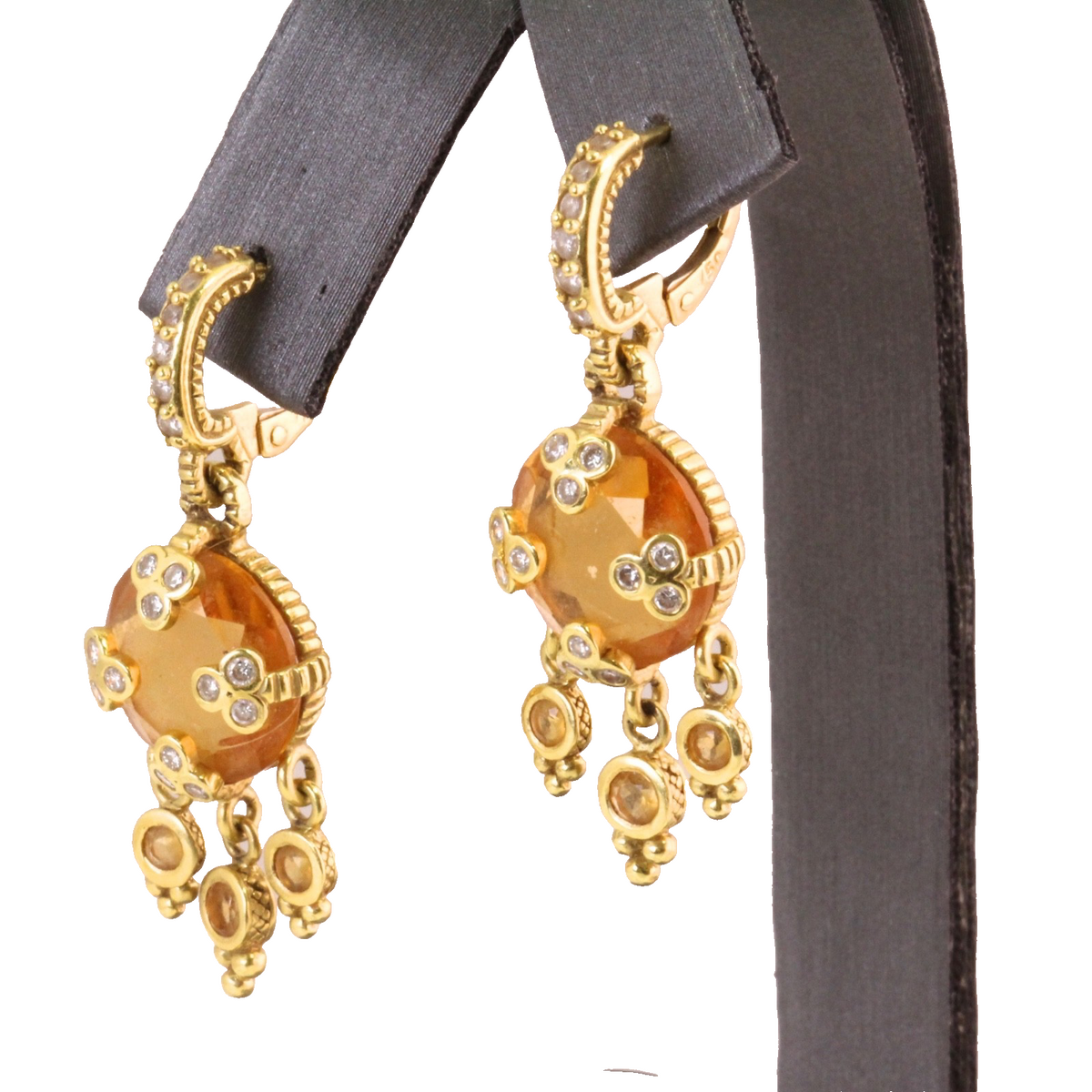 Judith Ripka 18K Gold Citrine Diamond Chandelier Drop Earrings Byzantine Huggie