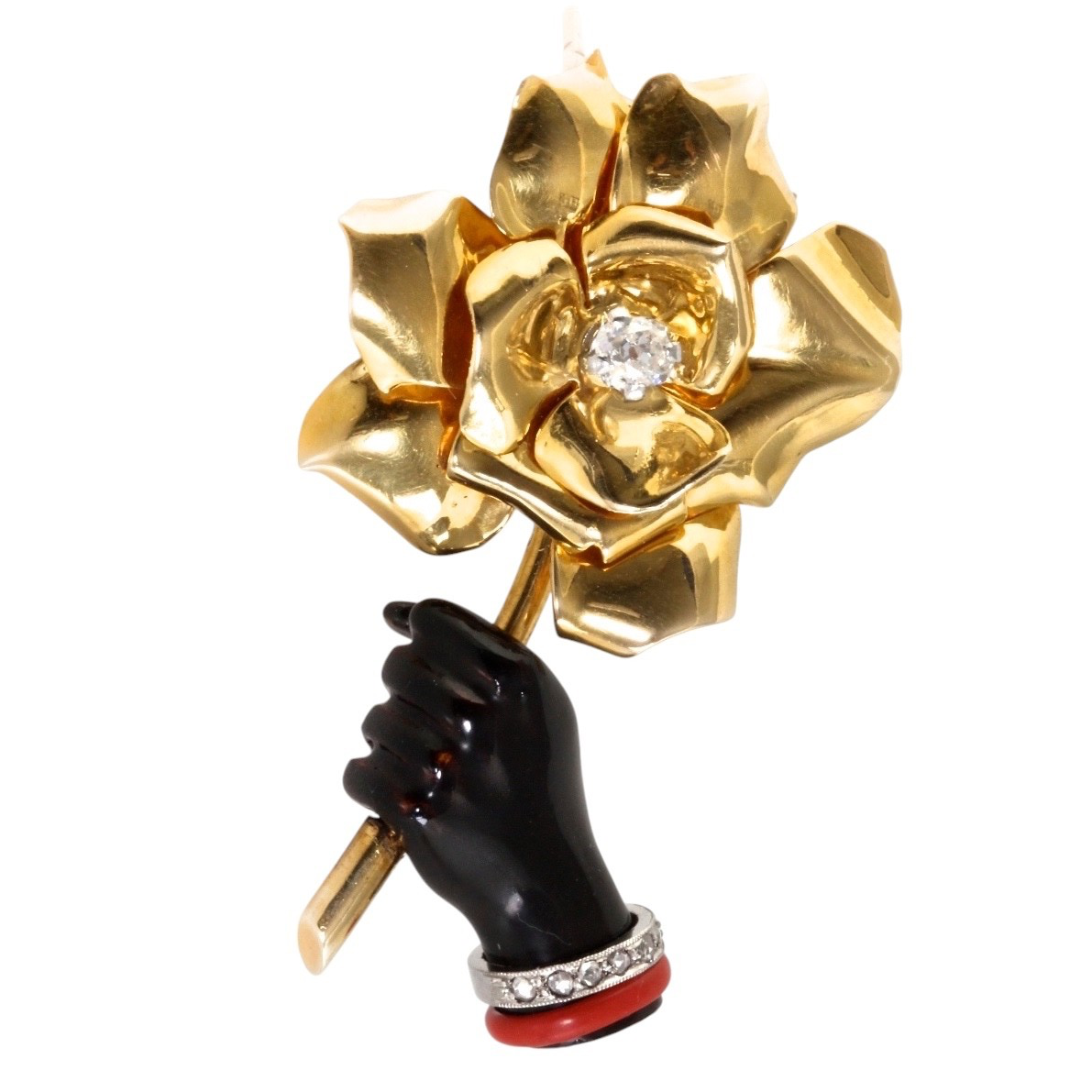 Signed Cartier 18K Gold Diamond Onyx Hand Holding Rose Brooch Art Deco Retro Fre