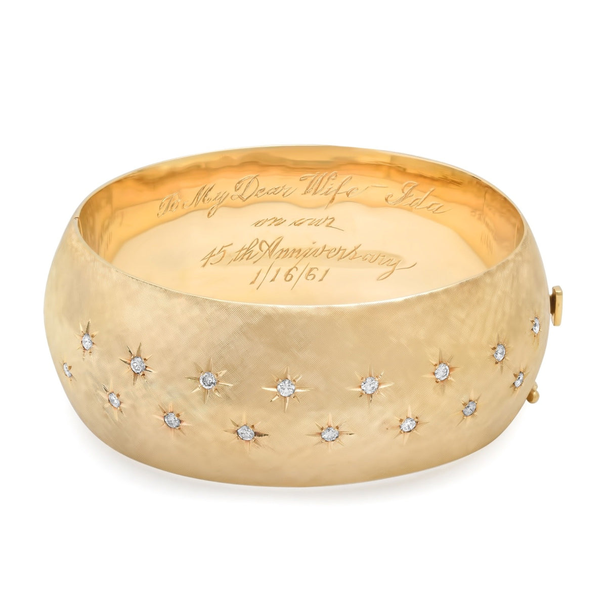 Vintage 1961 Heavy 82.6g 14K Yellow Gold Diamond Star-Set Florentine Bangle Brac