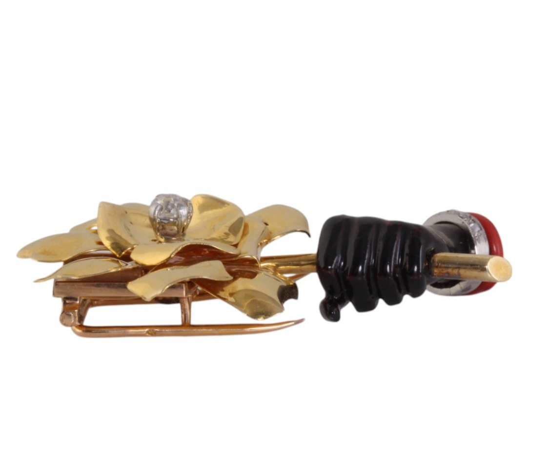 Signed Cartier 18K Gold Diamond Onyx Hand Holding Rose Brooch Art Deco Retro Fre