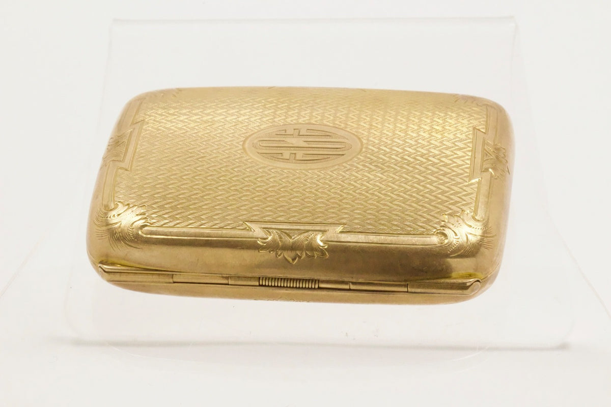 Antique 14K Yellow Gold Cigarette Case Guilloché Engraved Monogram 72g Art Deco