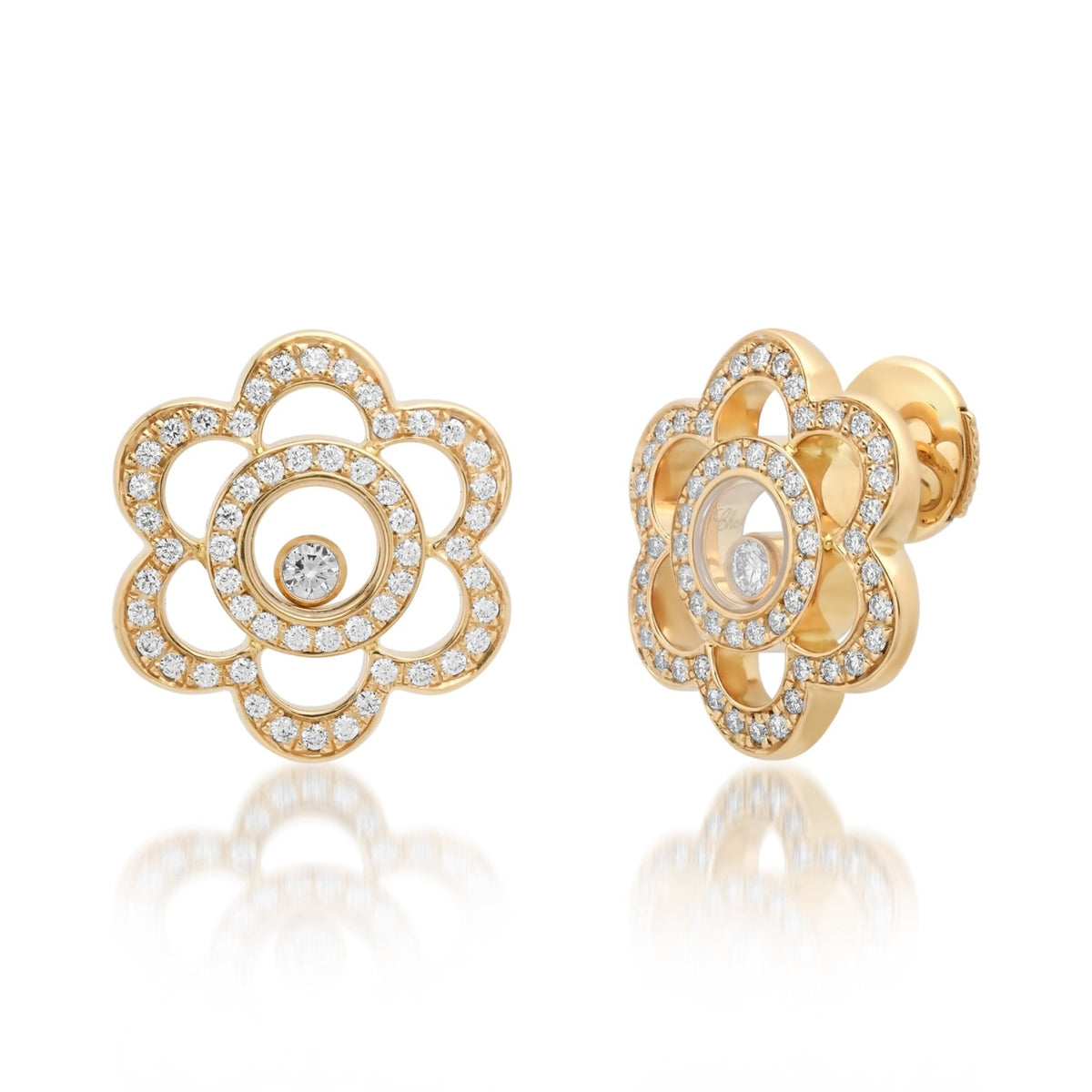 Chopard Happy Diamonds 18K Yellow Gold Flower Earrings Moving Diamonds w/ Cert