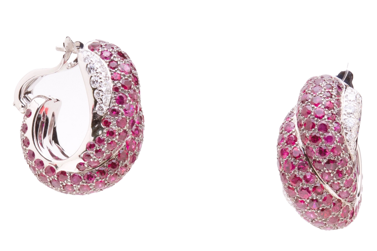 Chopard 18K White Gold Ruby & Diamond Hoop Earrings – 11.15 CT Rubies – Cert